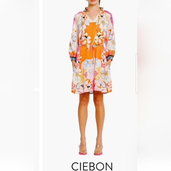 Drea Floral Print Long Sleeve Mini Dress By Ciebon NWT SZ. Small No Belt - Picture 8 of 8